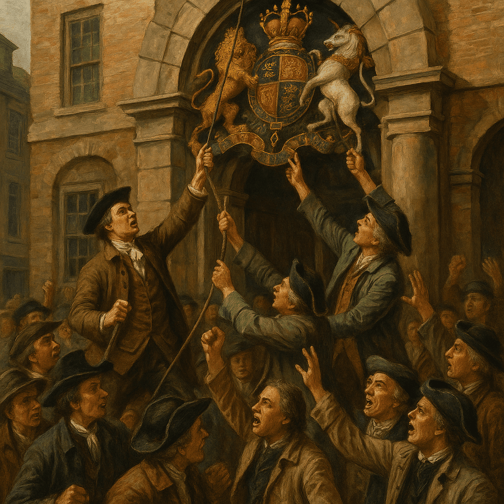 July 8, 1776 citizens tearing down British coat of arms from public building in Philadelphia after the reading of the declaration of independence 