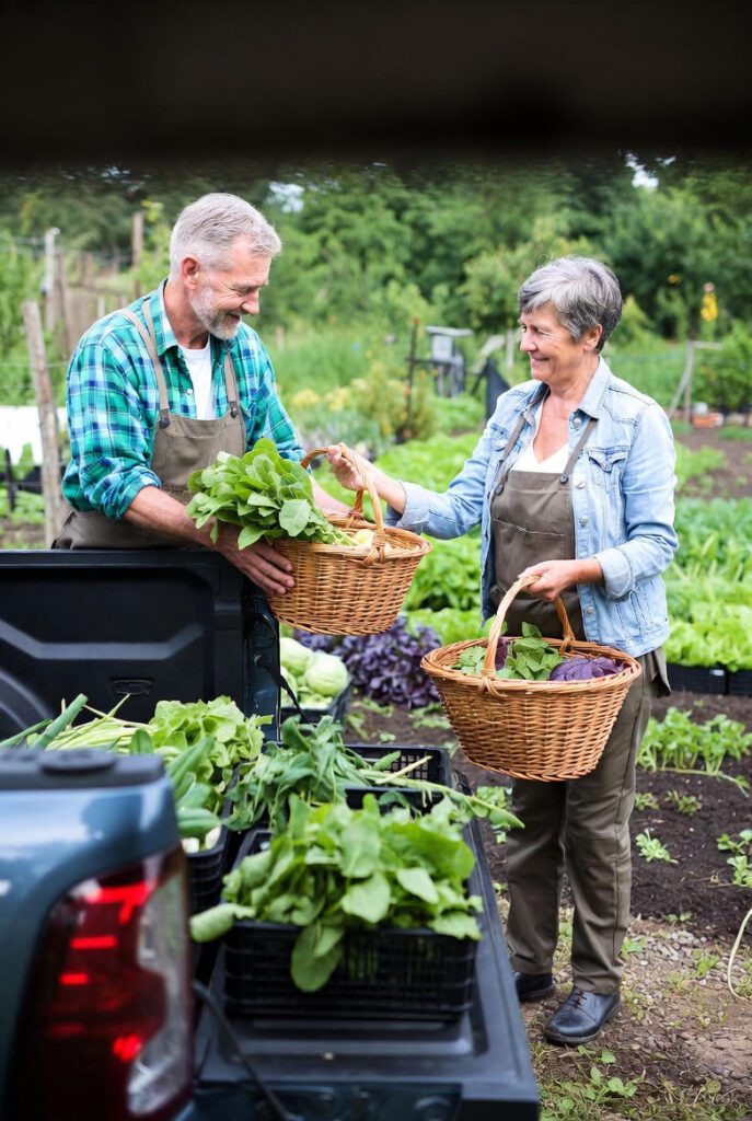 photo of seniors starting a farm after retirement loading up for a farmers market