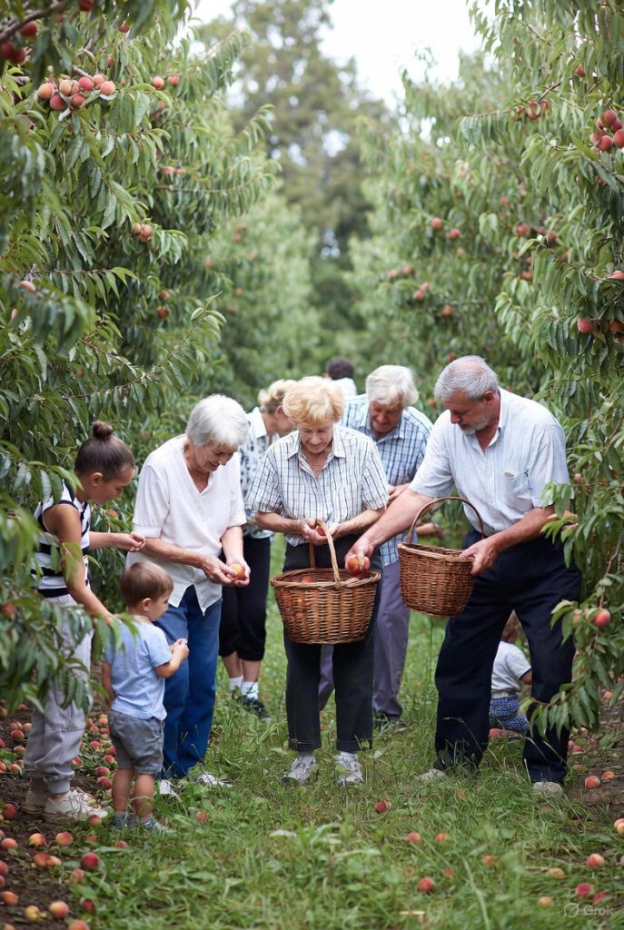 farming after retirement photo shows family picking peaches at their farm