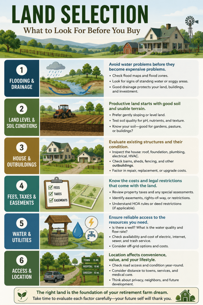 Land Selection infographic showing six key factors to evaluate before buying property for a retirement farm: flooding and drainage, land level and soil conditions, house and outbuildings, fees taxes and easements, water and utilities, and access and location. The infographic includes illustrations and practical tips to help buyers assess farmland and rural property before purchase.