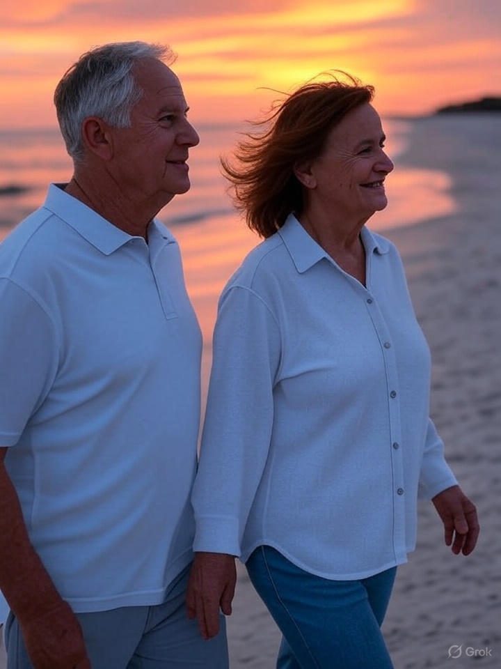 retired couple walking the beach