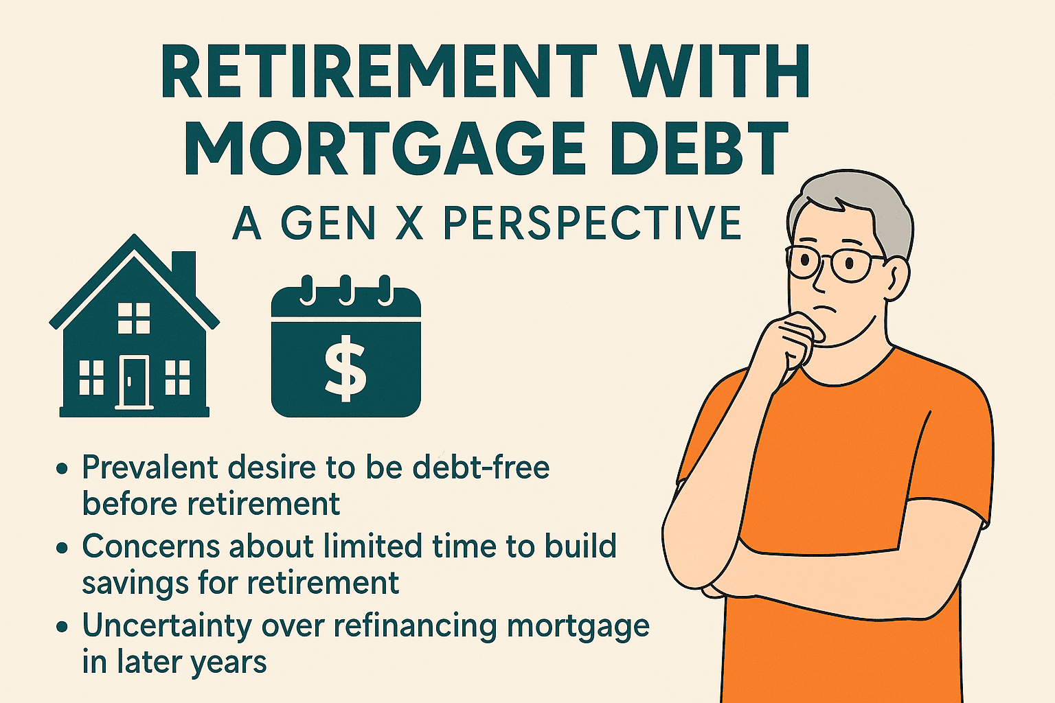 Infographic titled 'Gen X and Mortgage Debt in Retirement' showing a couple in their 40s–50s balancing bills, student loans, credit cards, a mortgage, and retirement savings. Callouts highlight higher debt loads, caring for both parents and children, and the need for strong retirement planning