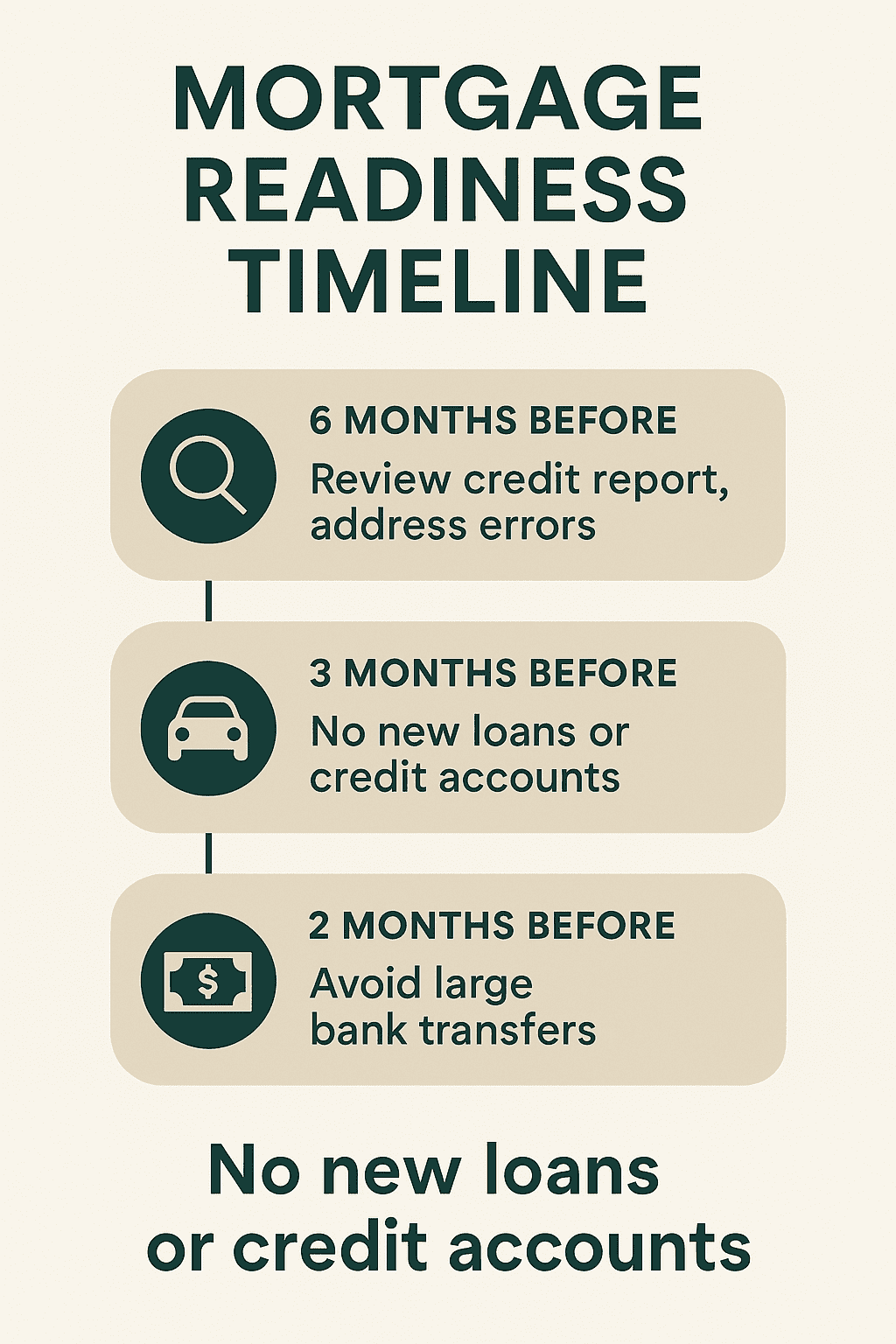 Infographic showing mortgage readiness timeline: 6 months before obtain credit report, 3 months before no new debt, 2 months before avoid large transfers, final steps prepare documents