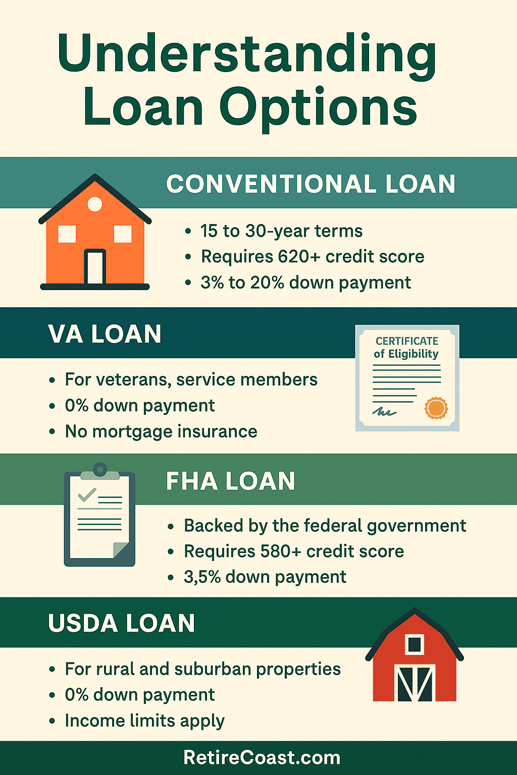 Infographic titled ‘Understanding Loan Options for Homebuyers’ showing five main mortgage types: Conventional Loans, FHA Loans, VA Loans, USDA Loans, and Jumbo Loans. Each loan type includes icons and short notes on minimum credit score, down payment requirements, insurance rules, and unique benefits, helping first-time buyers compare financing options