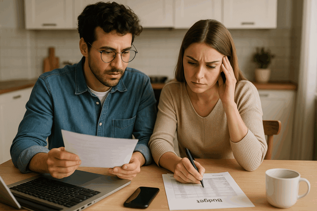 couple looking over credit card debt and forming a budget to pay it off