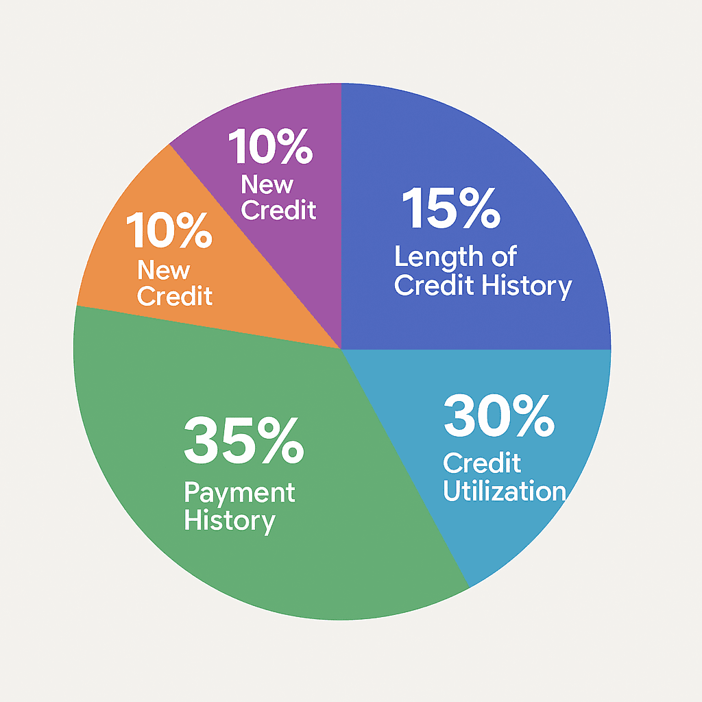 Pie chart showing the five factors that make up a FICO credit score: payment history 35%, credit utilization 30%, length of history 15%, credit mix 10%, new credit 10%.