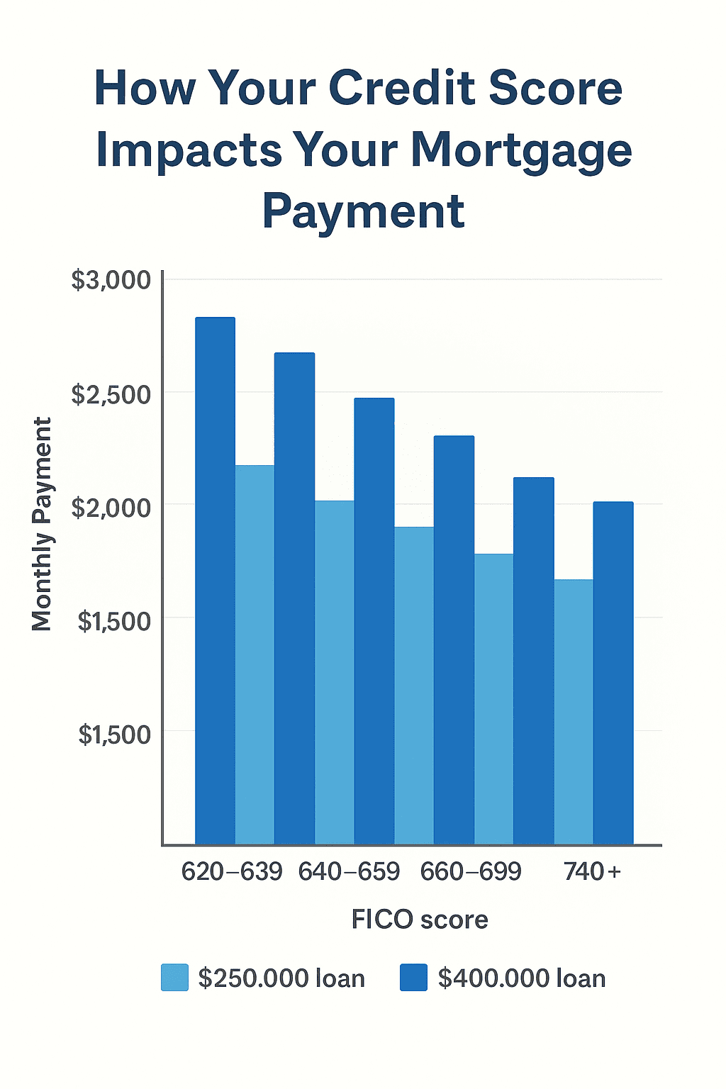 Bar chart showing how monthly mortgage payments decrease as FICO scores rise, comparing $250,000 and $400,000 loans.