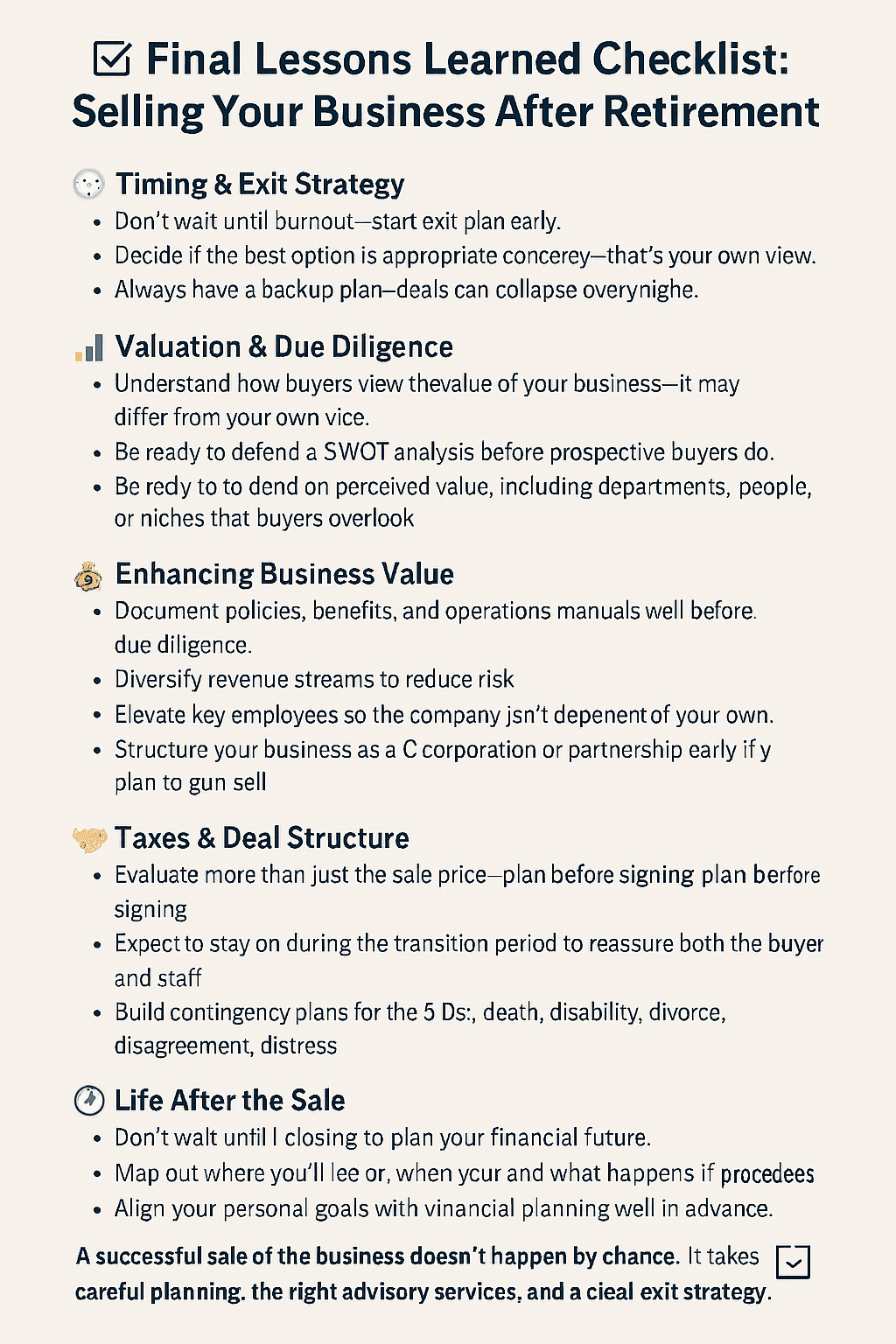 Infographic titled ‘Final Lessons Learned Checklist – Selling Your Business After Retirement.’ Vertical layout with six sections: 1) Timing & Exit Strategy – start early, choose best option, have a backup plan; 2) Valuation & Due Diligence – run SWOT analysis, defend business value, prepare for buyer questions; 3) Enhancing Business Value – document manuals, diversify revenue, elevate employees, structure early; 4) Taxes & Deal Structure – plan tax liabilities, consider relocating HQ, spread payments, use CPAs and estate planners; 5) Negotiation & Transition – look beyond sale price, expect transition period, plan for 5 Ds; 6) Life After the Sale – align personal goals with financial plan, decide where to live, prepare for shortfall, use professionals for security. Each section includes an icon (clock, magnifying glass, gear, tax scale, handshake, compass)