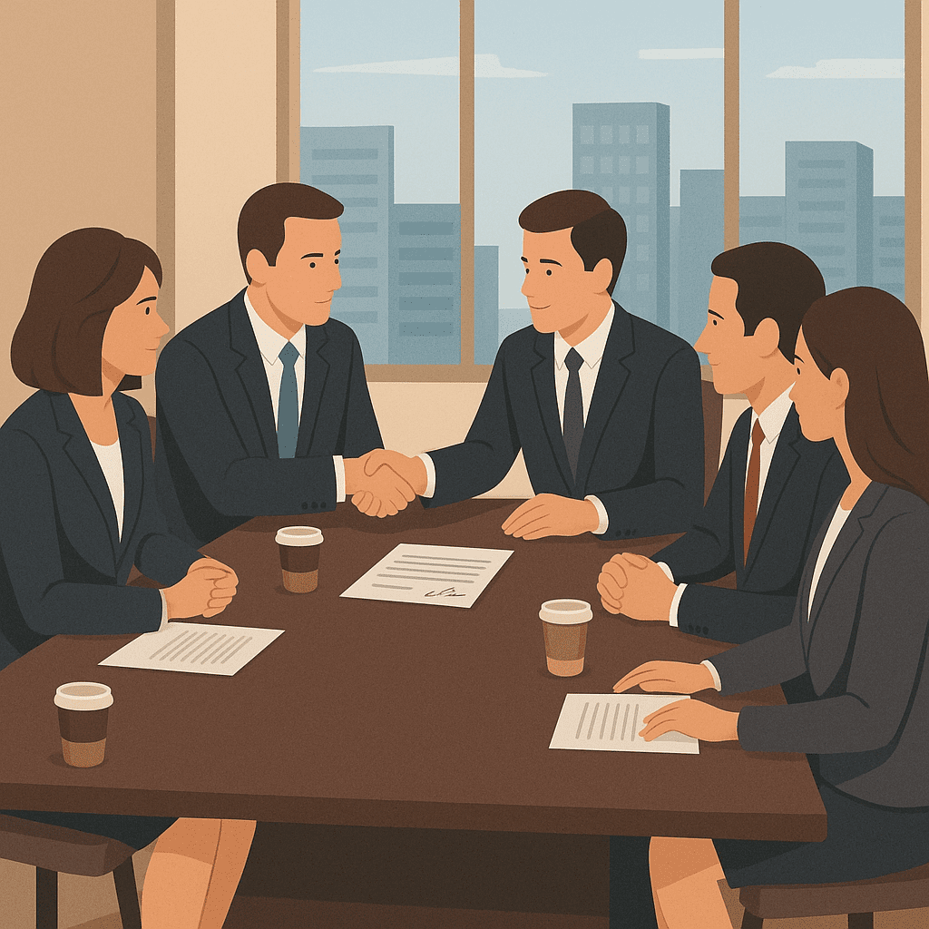 Flat-style illustration of five business professionals seated around a modern conference table negotiating a sale. One person slides a contract across the table, while others review documents, take notes, and discuss terms, symbolizing the process of selling a business after retirement
