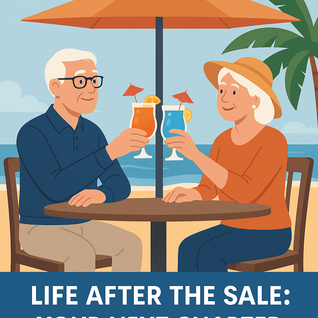 Flat-style illustration of a senior couple sitting at a beachside restaurant with umbrella drinks, ocean and palm trees in the background. Overlay text reads: ‘Life After the Sale: Your Next Chapter Begins Here.’ Designed as a square social-media graphic