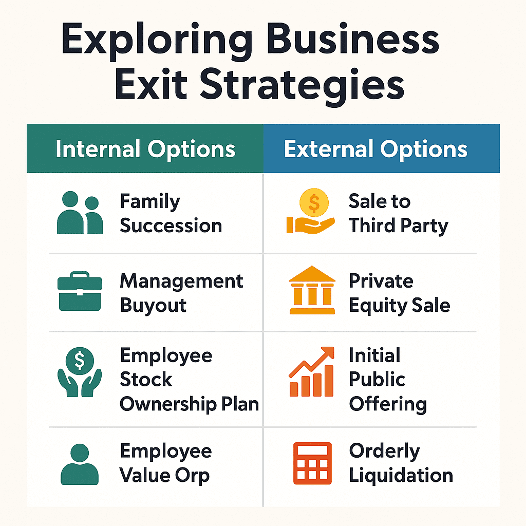 Infographic titled ‘Exploring Business Exit Strategies – Choosing the Best Path.’ Left side shows Internal Options: Family Transfer, Management Buyout, Sale to Partners, Employee Stock Ownership Plan (ESOP). Right side shows External Options: Sale to Third Party, Private Equity/Recapitalization, Initial Public Offering (IPO), Orderly Liquidation. Each option illustrated with icons in a clean, modern flat design.