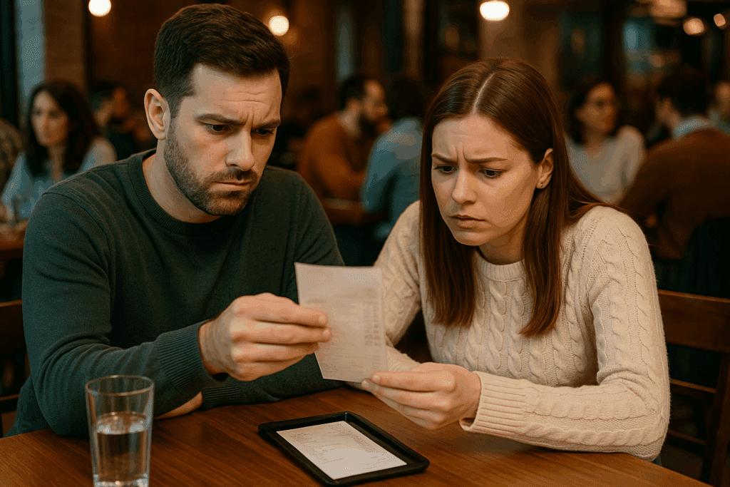 Couple concerned about their bill and suggested tip