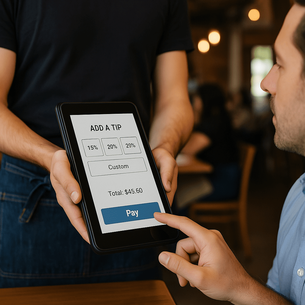 The embarrassment.  pos tablet held by server for guest to complete