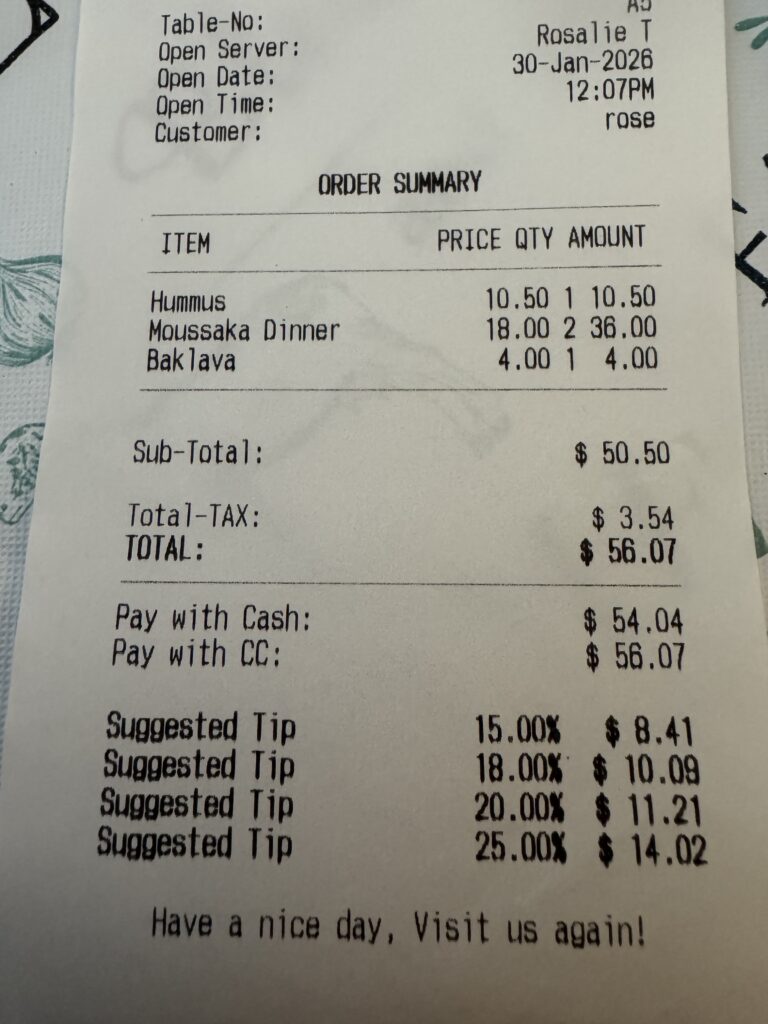restaurant invoice showing tip on tax and service fee