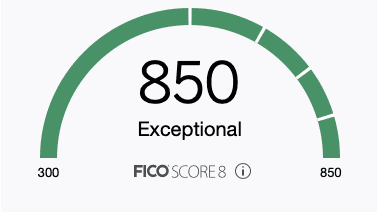 fico8  score of 850 listed as exceptional graph showing 300-850 possible score.