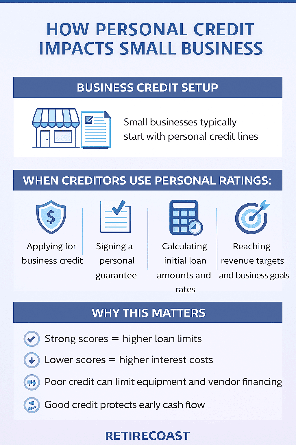 Infographic explaining how personal credit affects small business financing. Highlights that business credit and personal credit are separate, shows that Amex business cards and DSCR loans don’t appear on consumer reports, and outlines when lenders use personal credit for business cards, startup loans, commercial leases, and vendor credit lines. Includes a link to the RetireCoast ‘Starting a Business After Retirement’ series.