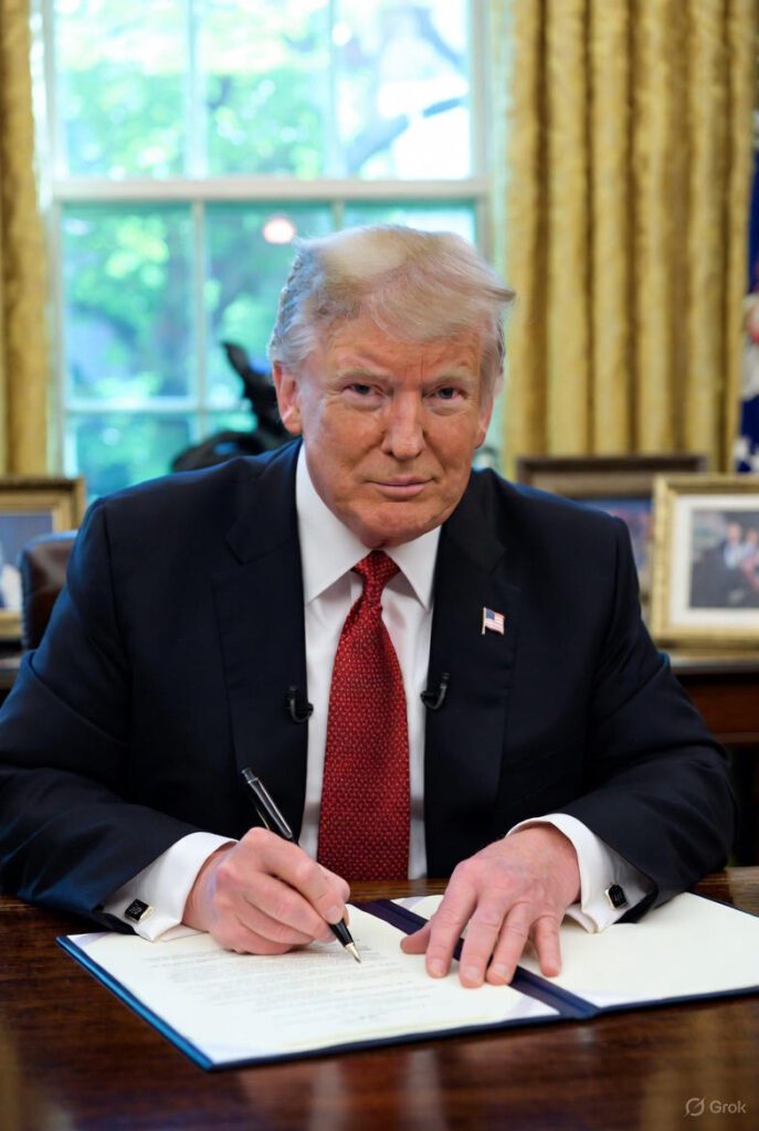 President Donald Trump signs an executive order in the Oval Office, surrounded by American and presidential flags, symbolizing bold housing policy reforms like the 50-year mortgage proposal.