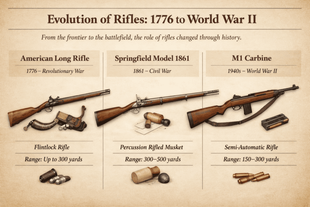 Infographic comparing the evolution of rifles from 1776 to World War II, showing the American long rifle used during the Revolutionary War, the Springfield Model 1861 rifle from the Civil War, and the M1 Carbine used in World War II, with notes on range, ignition type, and battlefield role.