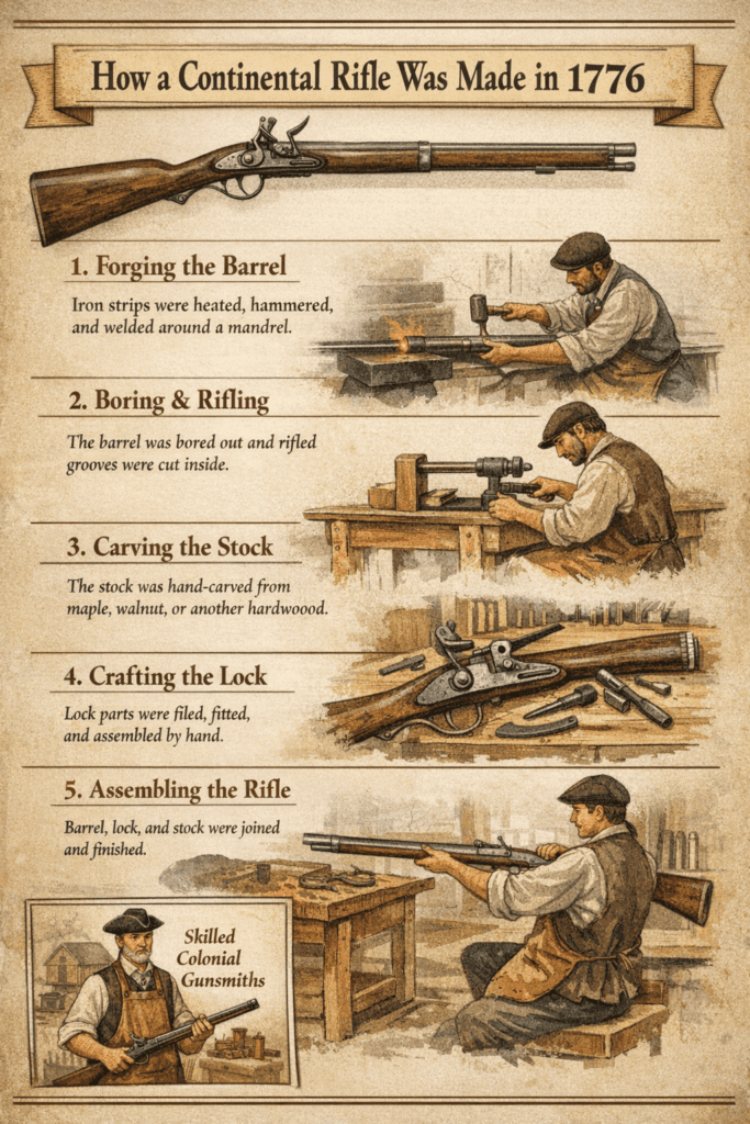 Infographic showing how a Continental rifle was made in 1776, illustrating five manufacturing steps: forging the iron barrel, boring and rifling the barrel, carving the wooden stock, crafting the flintlock mechanism, and assembling the completed rifle by a colonial gunsmith