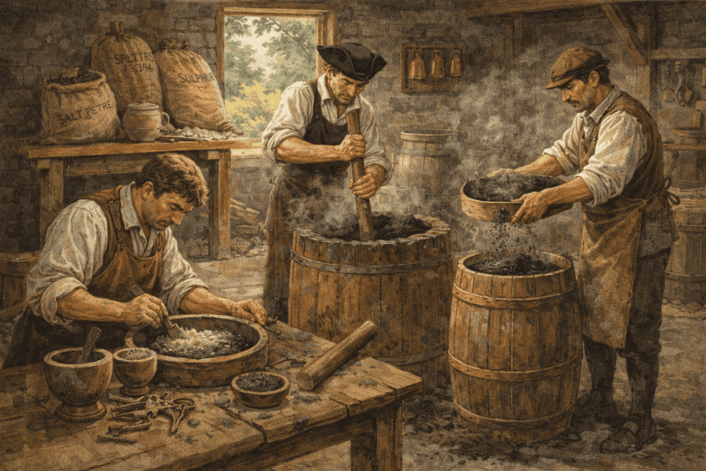 Illustration showing colonial workers making gunpowder in 1776 by grinding and mixing saltpeter, sulfur, and charcoal inside a small workshop, using wooden barrels, mortars, and hand tools