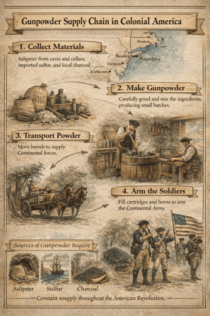 Infographic illustrating the gunpowder supply chain in colonial America, showing how saltpeter, sulfur, and charcoal were collected, mixed into gunpowder in small batches, transported by wagon, and issued to Continental soldiers during the Revolutionary War.