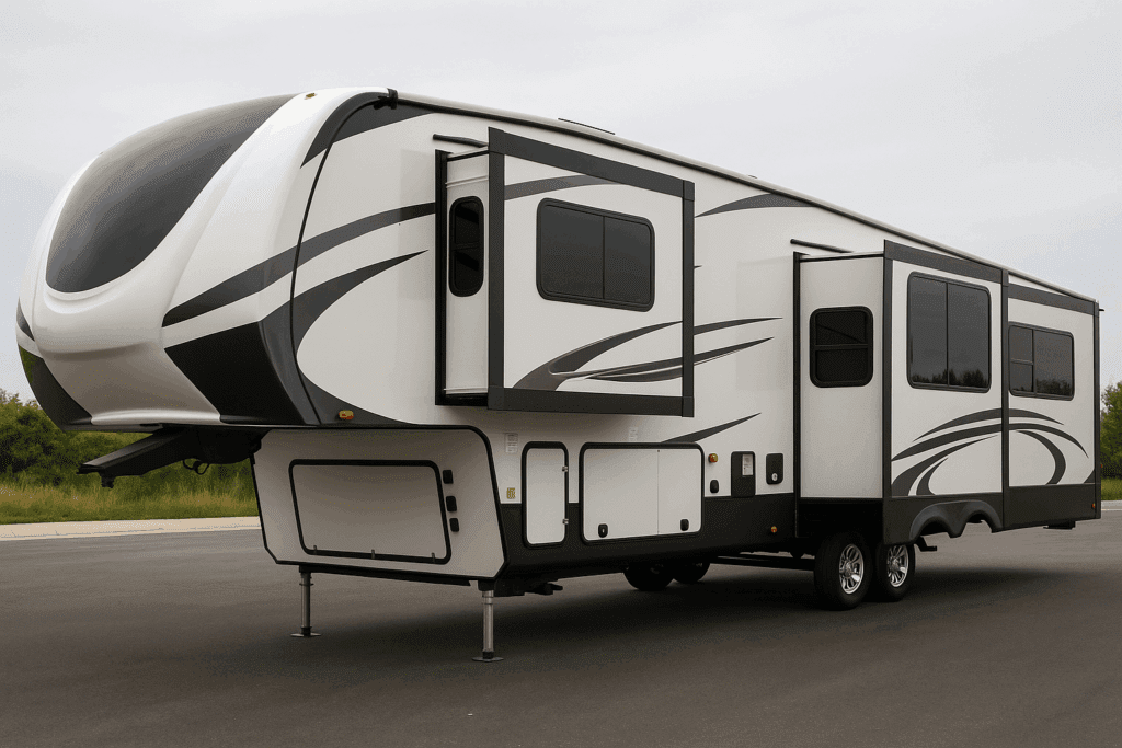 Photo-realistic image of a 38-foot fifth-wheel RV with three slide-outs, parked on a paved RV site under a clear blue sky. The modern trailer features a white and gray exterior with subtle blue accents, realistic lighting, and detailed reflections on the windows and siding.