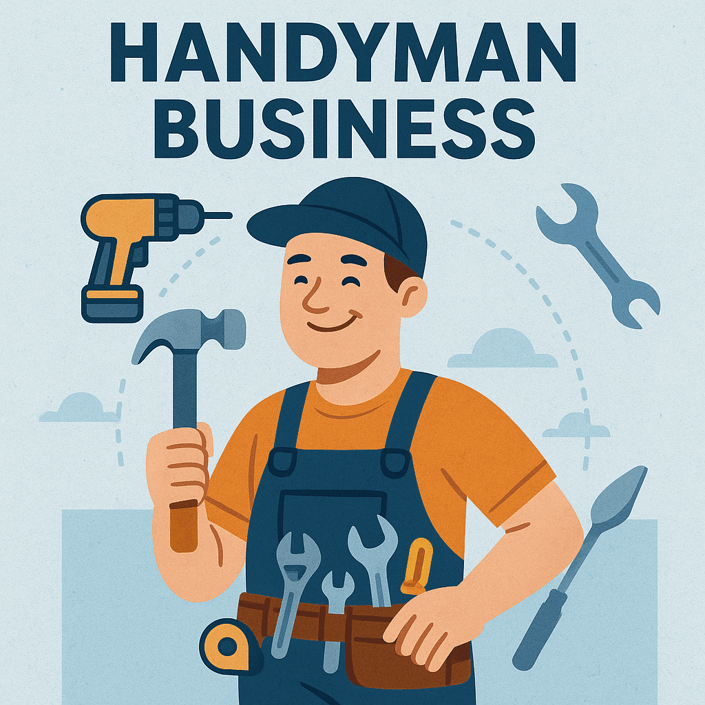 Illustration of a smiling handyman wearing blue overalls and cap holding a hammer, surrounded by tools with the words ‘Handyman Business’ above.