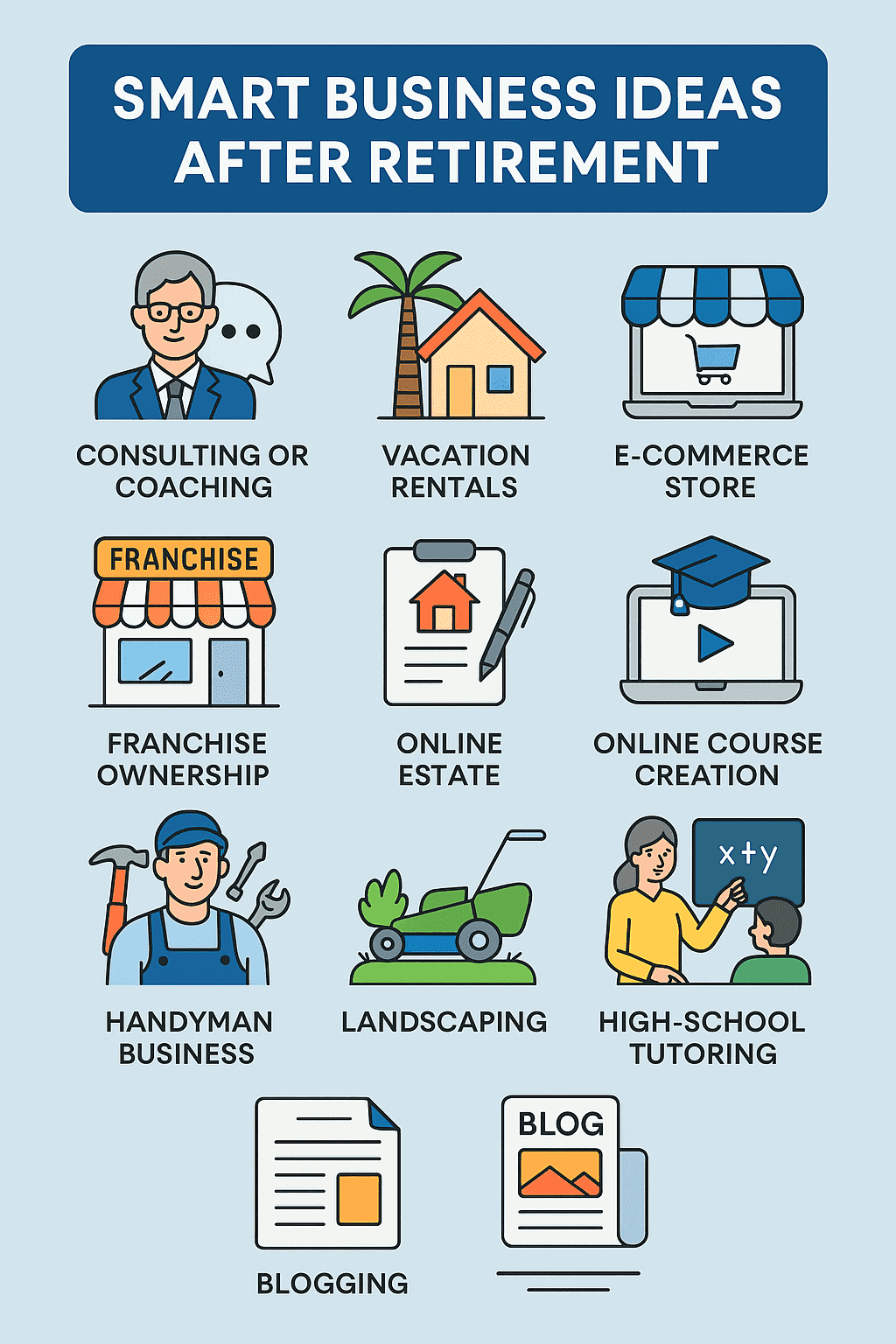 Infographic titled ‘Smart Business Ideas After Retirement’ showing icons and brief descriptions for 11 options — consulting, rentals, e-commerce, franchise, real estate, online courses, home services, handyman, landscaping, tutoring, and blogging — in a clean blue coastal design.