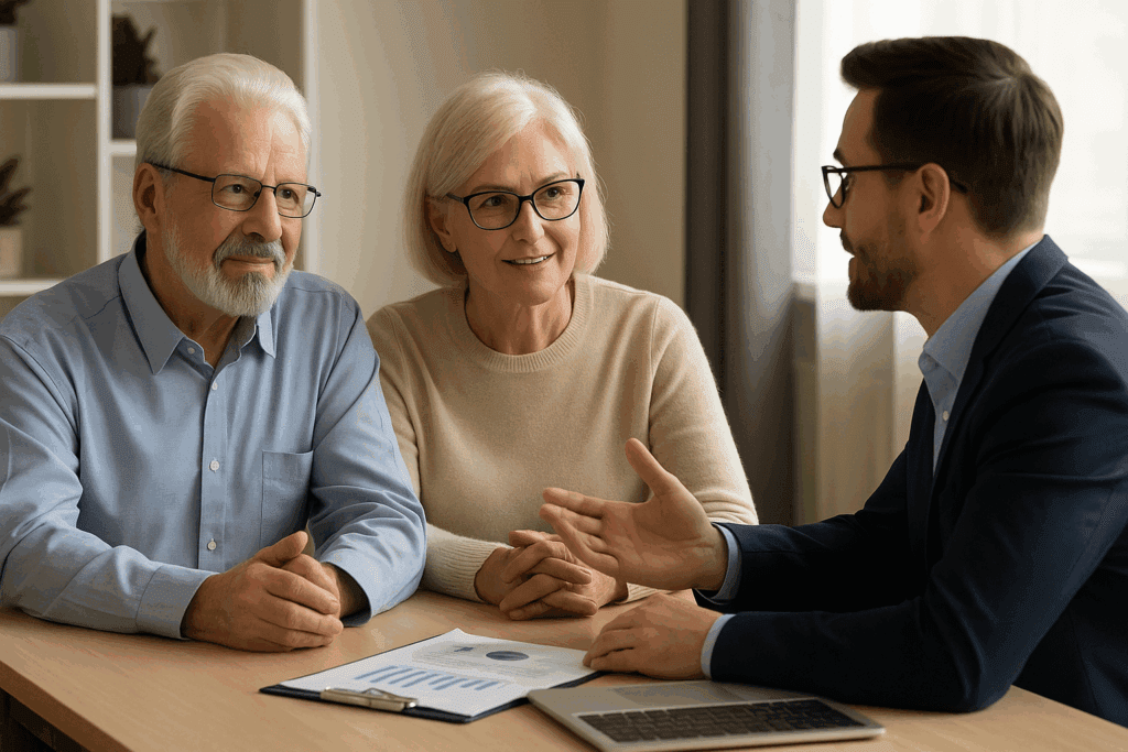 A realistic illustration of a 70-year-old married couple sitting at a desk with a financial planner in a modern office. The couple and advisor are reviewing documents and charts together under warm, professional lighting, symbolizing retirement and estate-planning discussions.