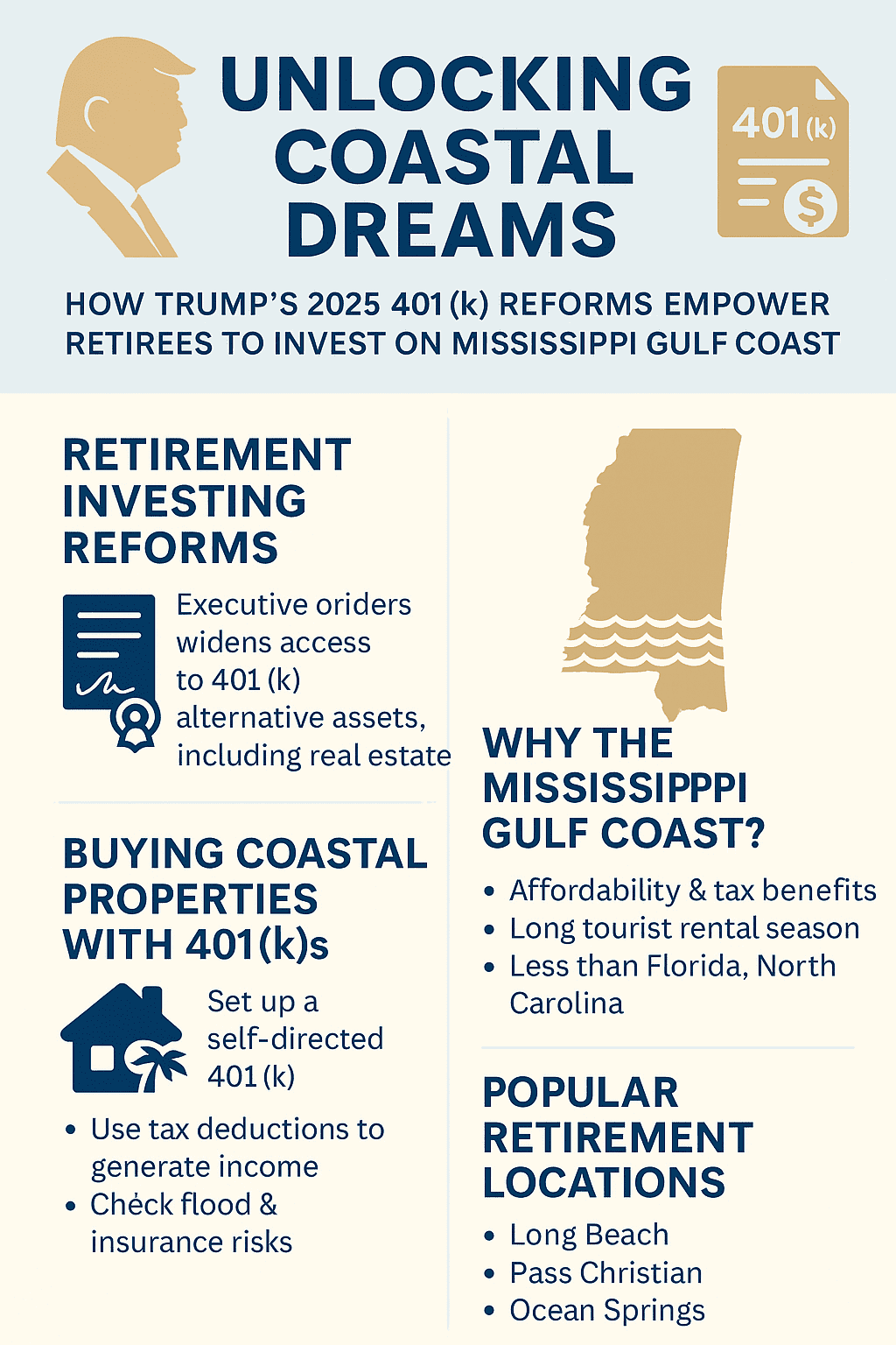 Infographic titled “Unlocking Coastal Dreams” explaining how Trump’s 2025 401(k) reforms empower retirees to invest in Mississippi Gulf Coast real estate. Includes sections on retirement investing reforms, buying coastal properties with self-directed 401(k)s, benefits of the Mississippi Gulf Coast, and popular retirement locations such as Long Beach, Pass Christian, and Ocean Springs. Uses blue and gold coastal-themed icons and clean typography.