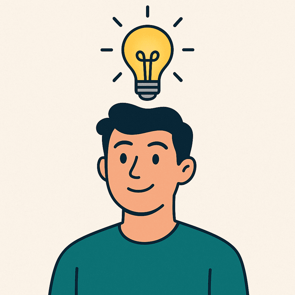 Illustration of a smiling person with a glowing yellow light bulb above their head, symbolizing creativity and innovation, on a clean light background