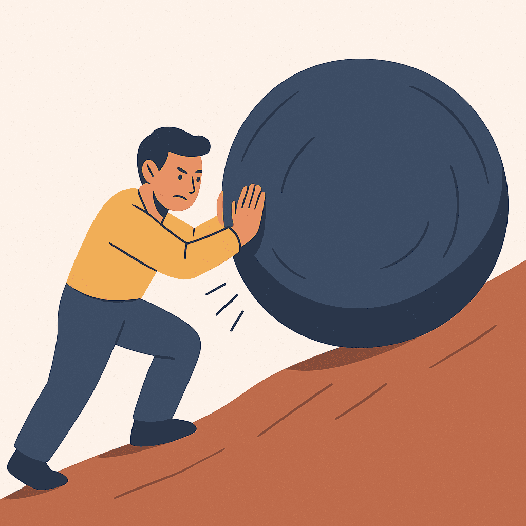 Illustration of a determined person pushing a large dark blue boulder uphill, symbolizing persistence, strength, and perseverance in overcoming business challenges