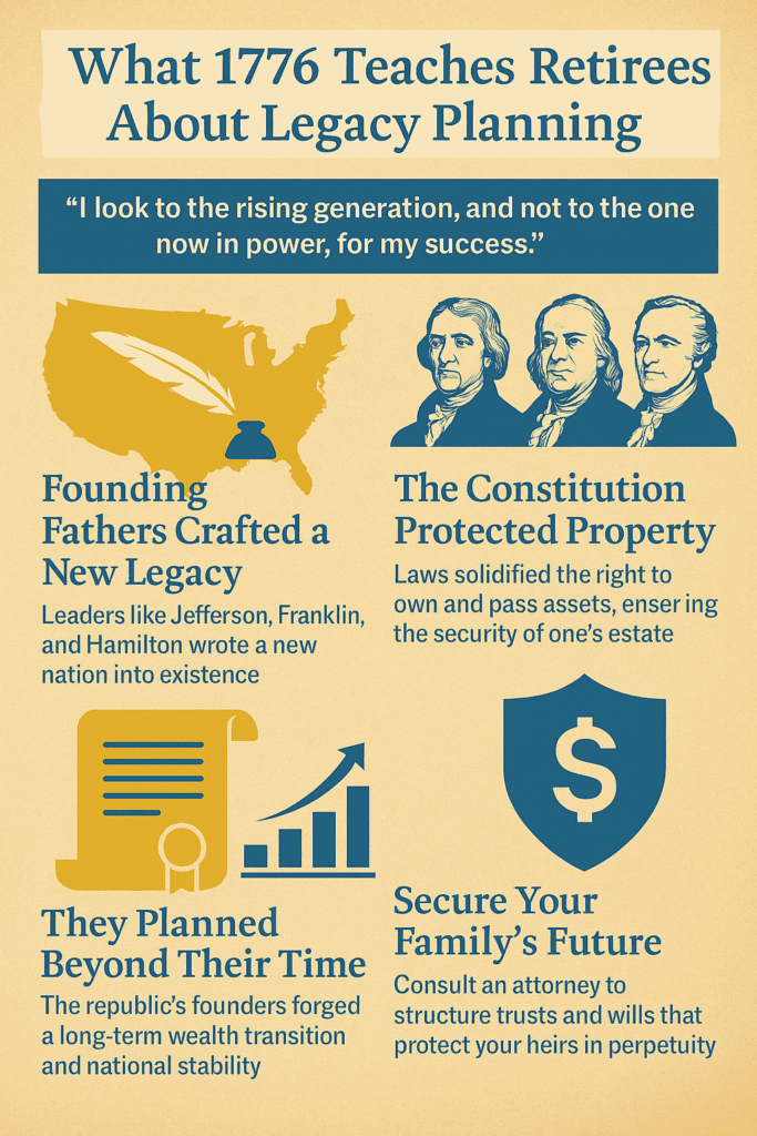 Infographic titled ‘What 1776 Teaches Retirees About Legacy Planning’ showing Founding Fathers, U.S. map, quill, and family finance icons illustrating the evolution of freedom, property rights, and legacy planning.