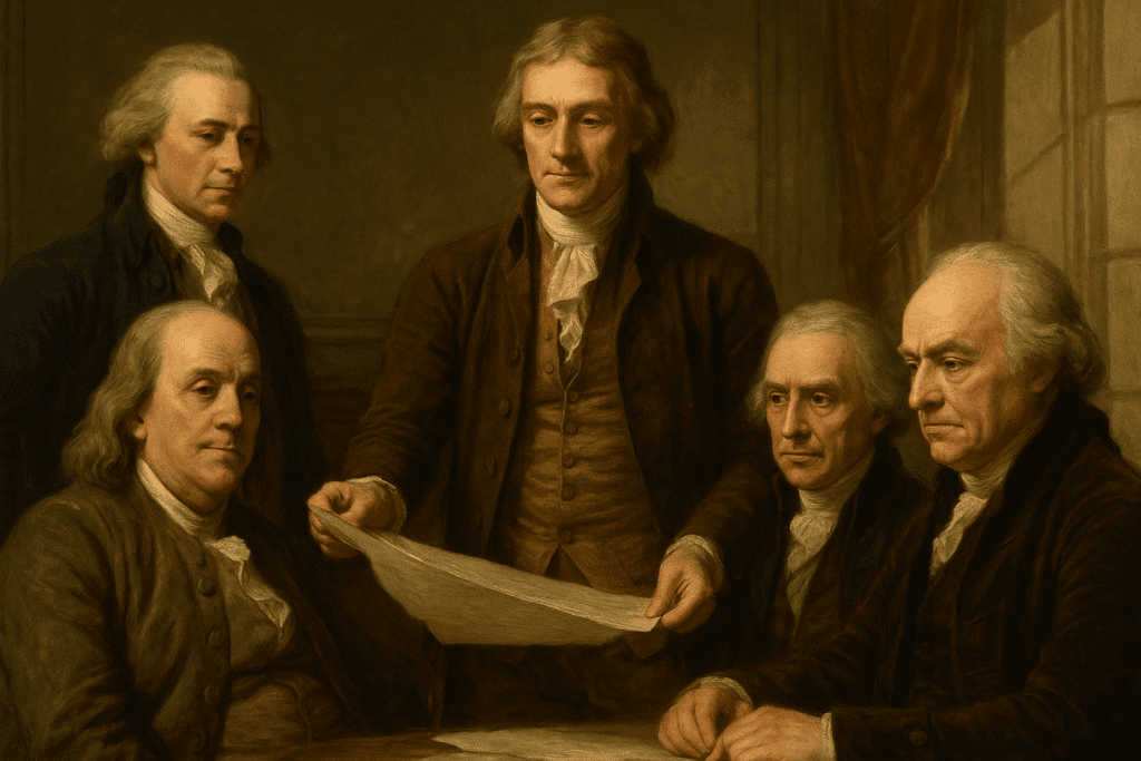 Photorealistic scene of several Founding Fathers gathered around a table examining a draft of the Declaration of Independence, with parchment, quill pens, and warm natural light illuminating the room.