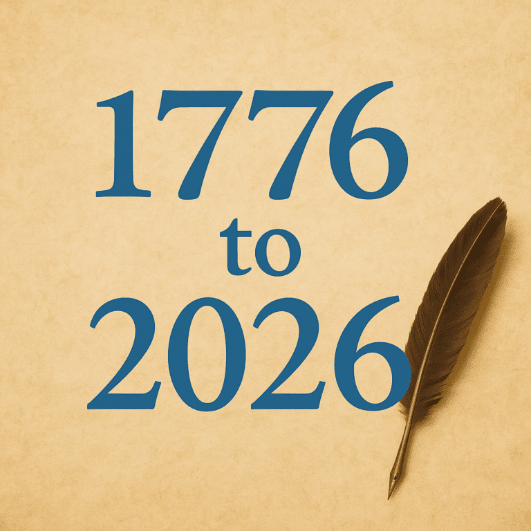 Parchment background featuring the blue text ‘1776 to 2026’ with a quill pen on the right side, symbolizing American legacy and historical continuity.