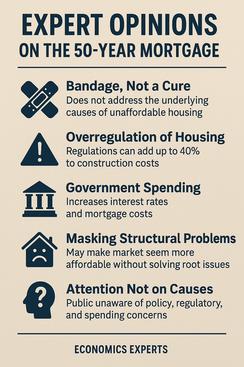 nfographic titled “Expert Opinions on the 50-Year Mortgage,” summarizing economists’ concerns including overregulation, government spending, structural problems, and affordability challenges.