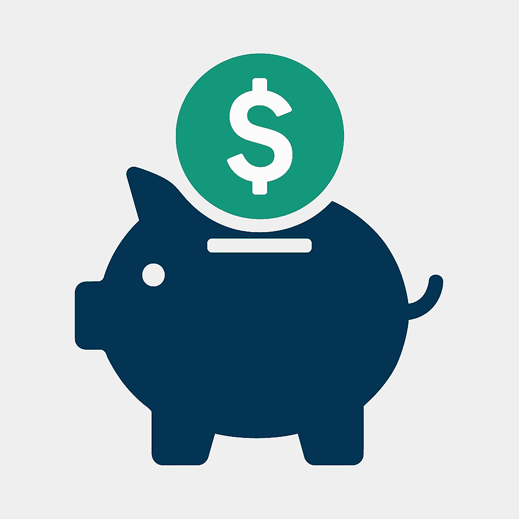Savings icon showing a coin and piggy-bank style graphic representing saving money and financial planning.