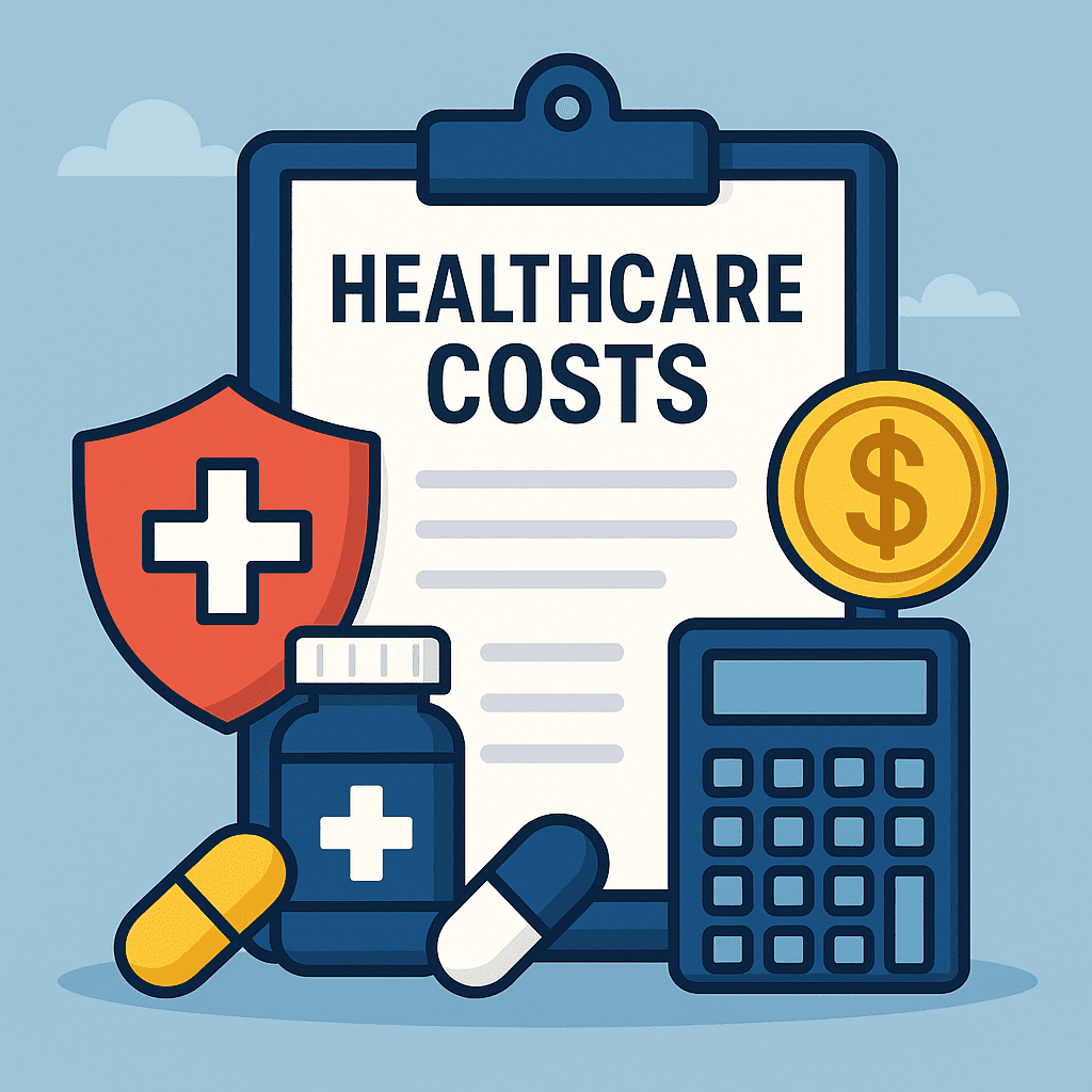 Healthcare costs infographic showing estimated Medicare premiums, out-of-pocket expenses, and typical medical spending for retirees.