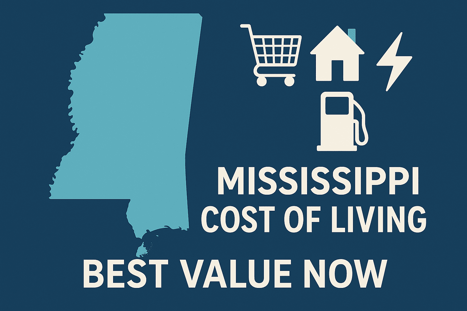 Mississippi cost of living best value now with icons for food, housing, electricity and gasoline