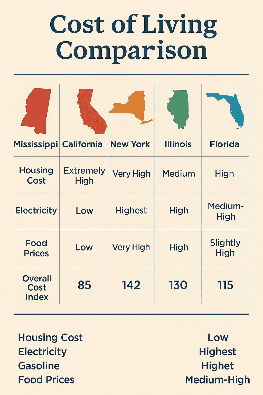 Infographic comparing cost of electricity per kilowatt-hour in Mississippi and California