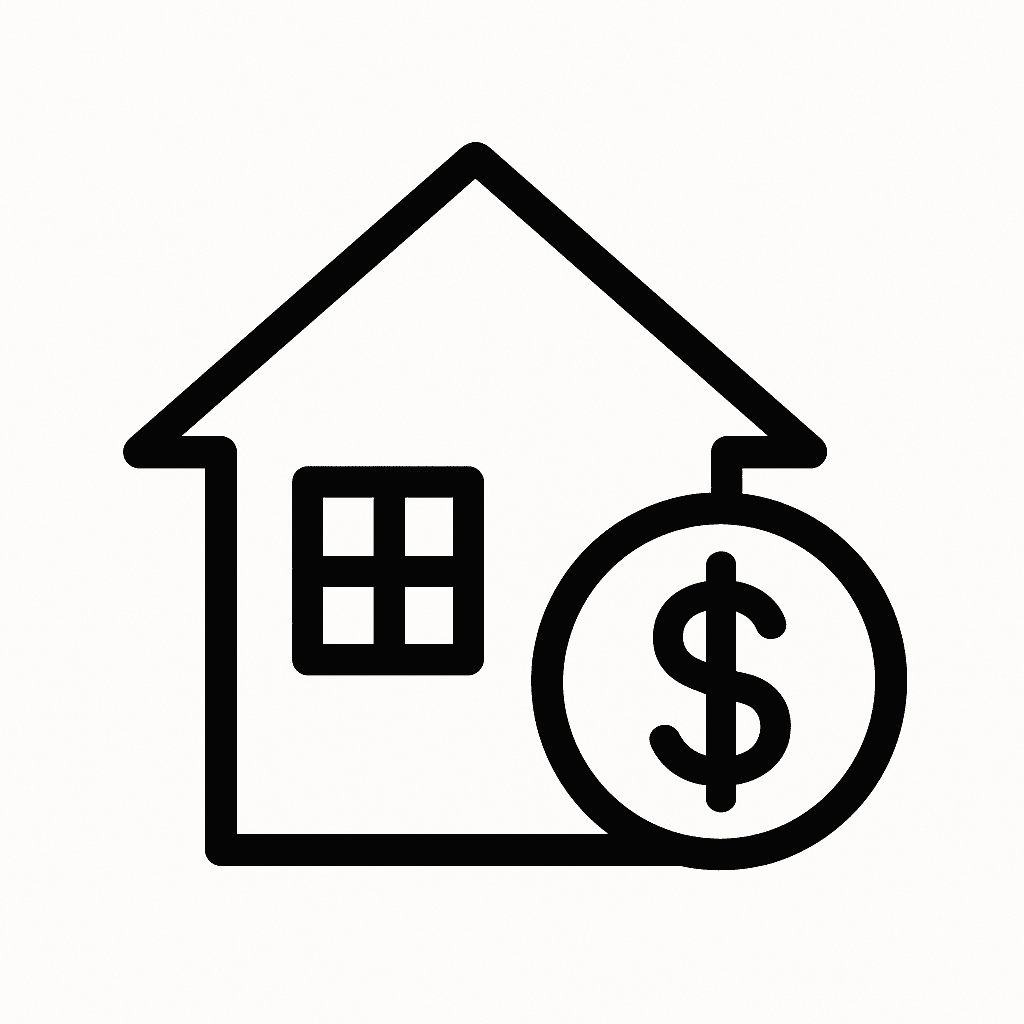 Simple black-and-white icon of a house with a dollar sign, symbolizing home affordability.