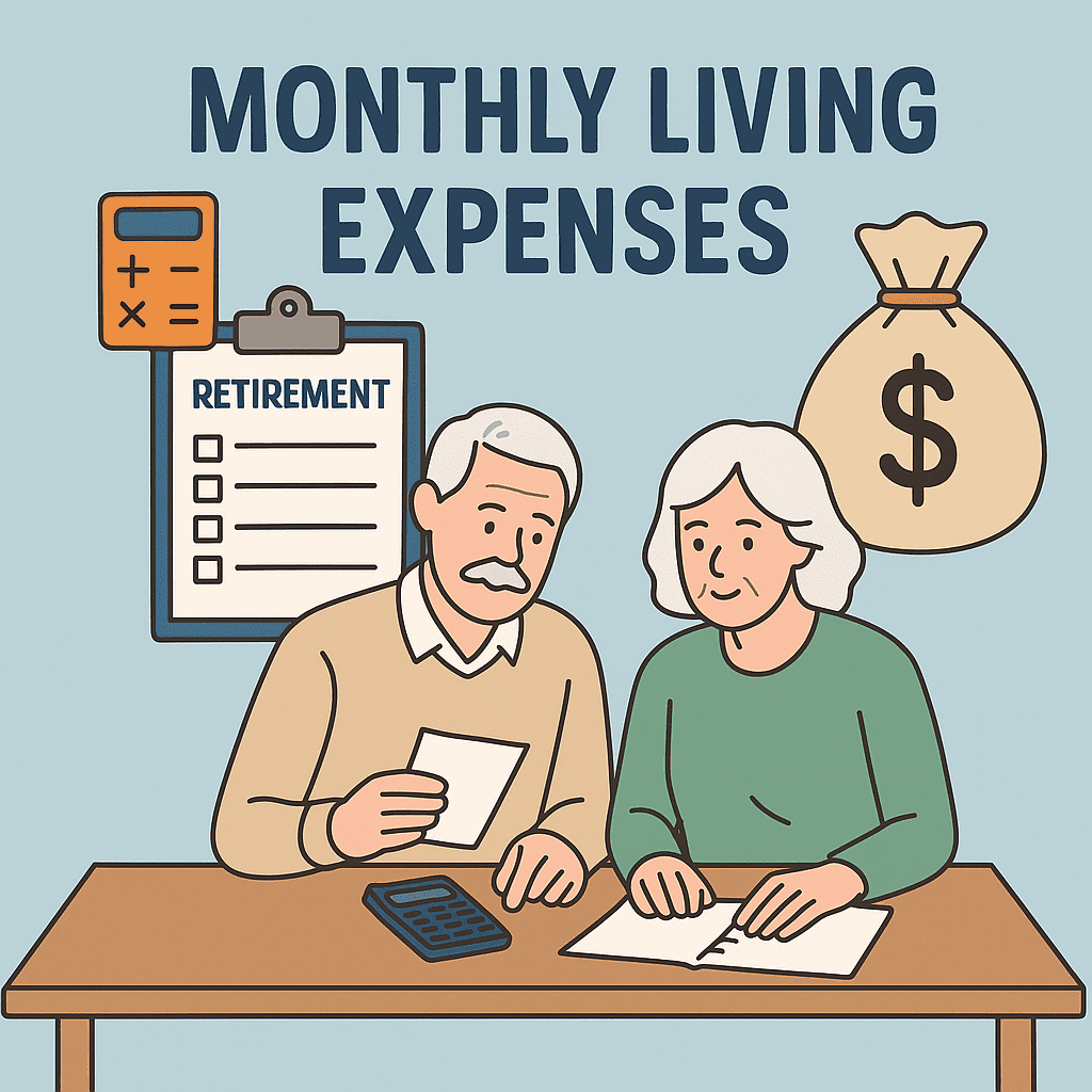 Retired couple reviewing monthly living expenses with calculator and retirement checklist.”