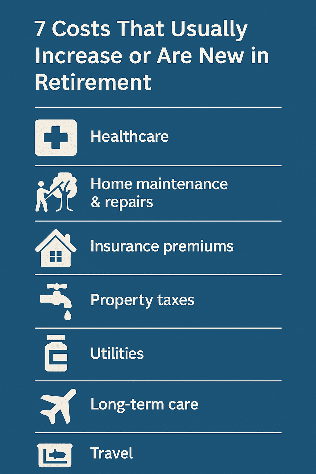 Infographic titled ‘7 Costs That Usually Increase in Retirement’ showing icons and labels for higher healthcare costs, rising insurance premiums, home repairs and replacements, increased travel spending, utilities and property taxes, more prescription medications, and paying for services you once did yourself.