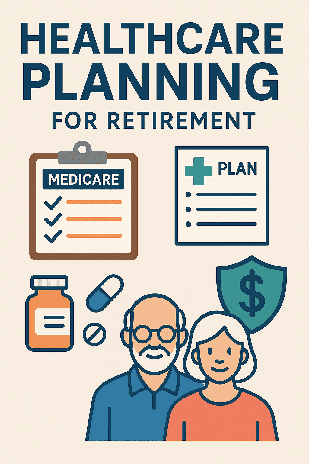 Healthcare planning for retirement infographic showing Medicare checklist, prescription costs, senior couple, and long-term care financial planning visuals.