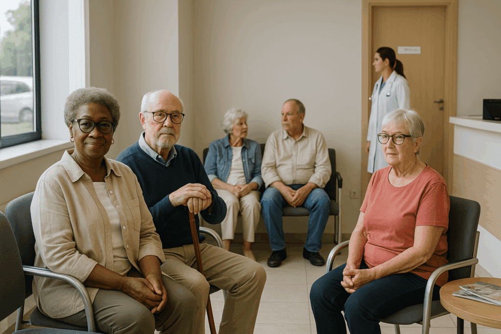 Photorealistic image of a doctor’s waiting room with several senior adults seated, reading magazines, and waiting for appointments in a modern medical office