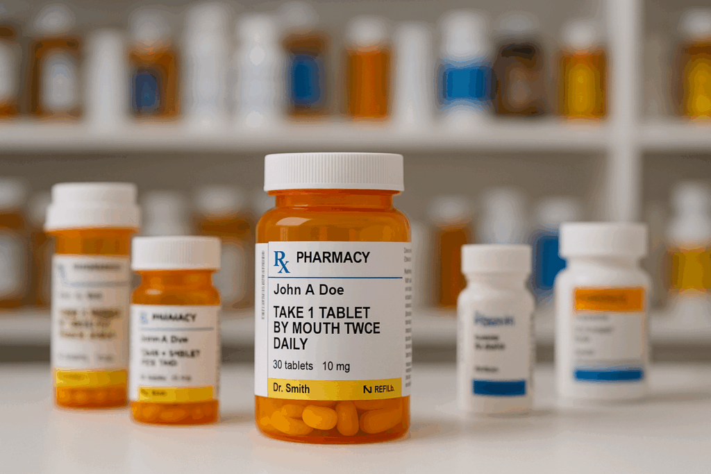 Photorealistic image of multiple prescription drug bottles on a pharmacy counter with shelves of medications in the background.