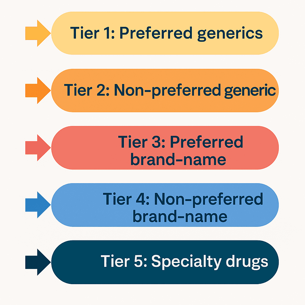 Infographic showing the five Medicare Part D prescription drug tiers: Tier 1 preferred generics, Tier 2 non-preferred generics, Tier 3 preferred brand-name, Tier 4 non-preferred brand-name, and Tier 5 specialty drugs.