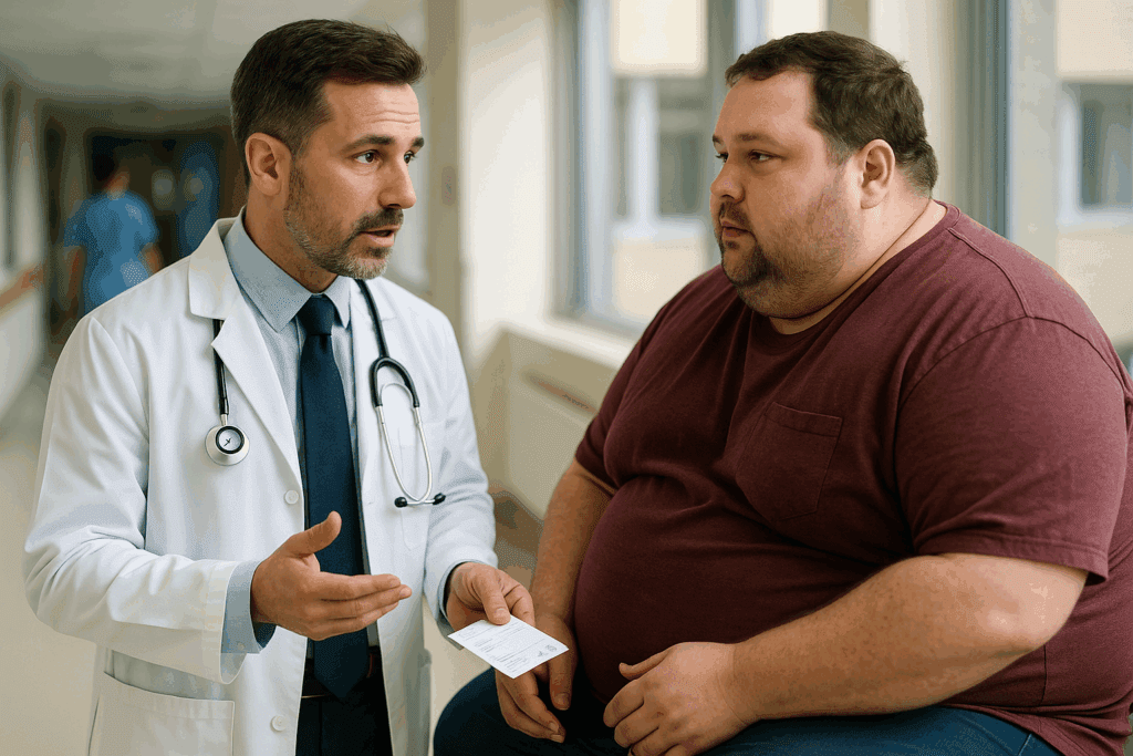 create a photorealistic graphic of a doctor in a white coat talking with an obese man about his gap-1 per scrption