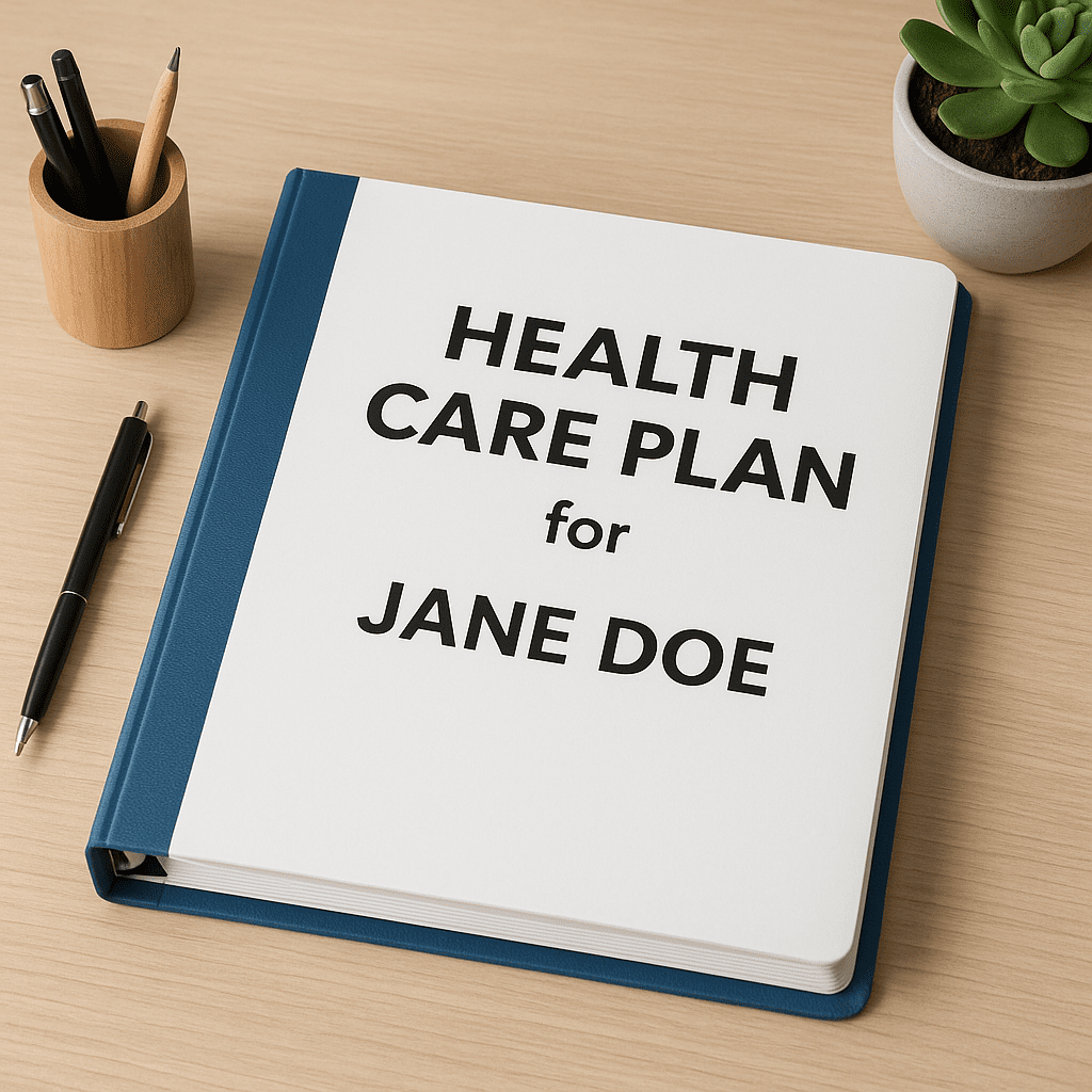 Binder on a desk with the cover title “Health Care Plan for Jane Doe,” surrounded by a pen, pencils, and a small succulent plant.