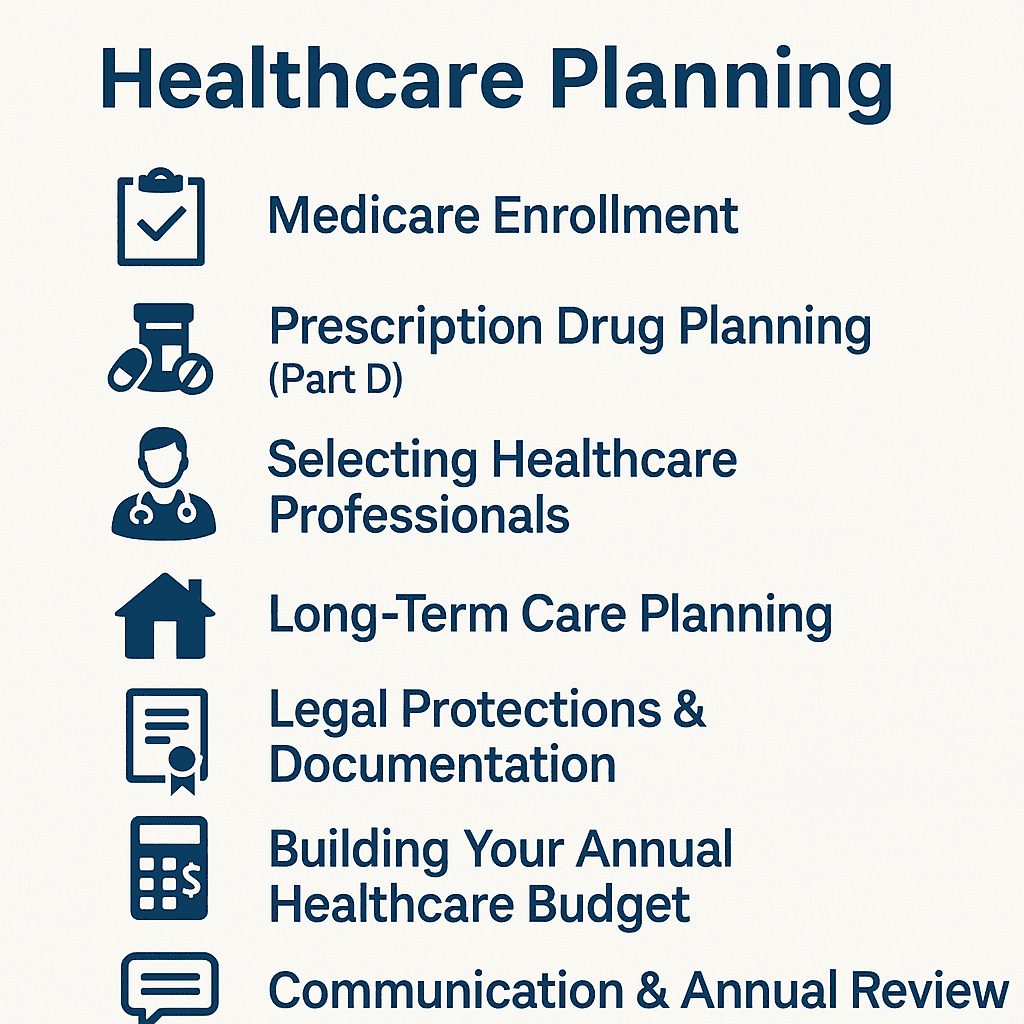 nfographic listing the main categories of healthcare planning with icons: Medicare enrollment, prescription drug planning (Part D), selecting healthcare professionals, long-term care planning, legal protections and documentation, building an annual healthcare budget, and communication and annual review.